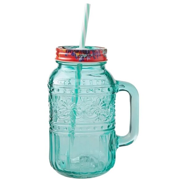 Pioneer Woman Cassie Mason Jar Drinking Glass Lid Straw Teal Handle 32 oz Gift - Picture 1 of 5